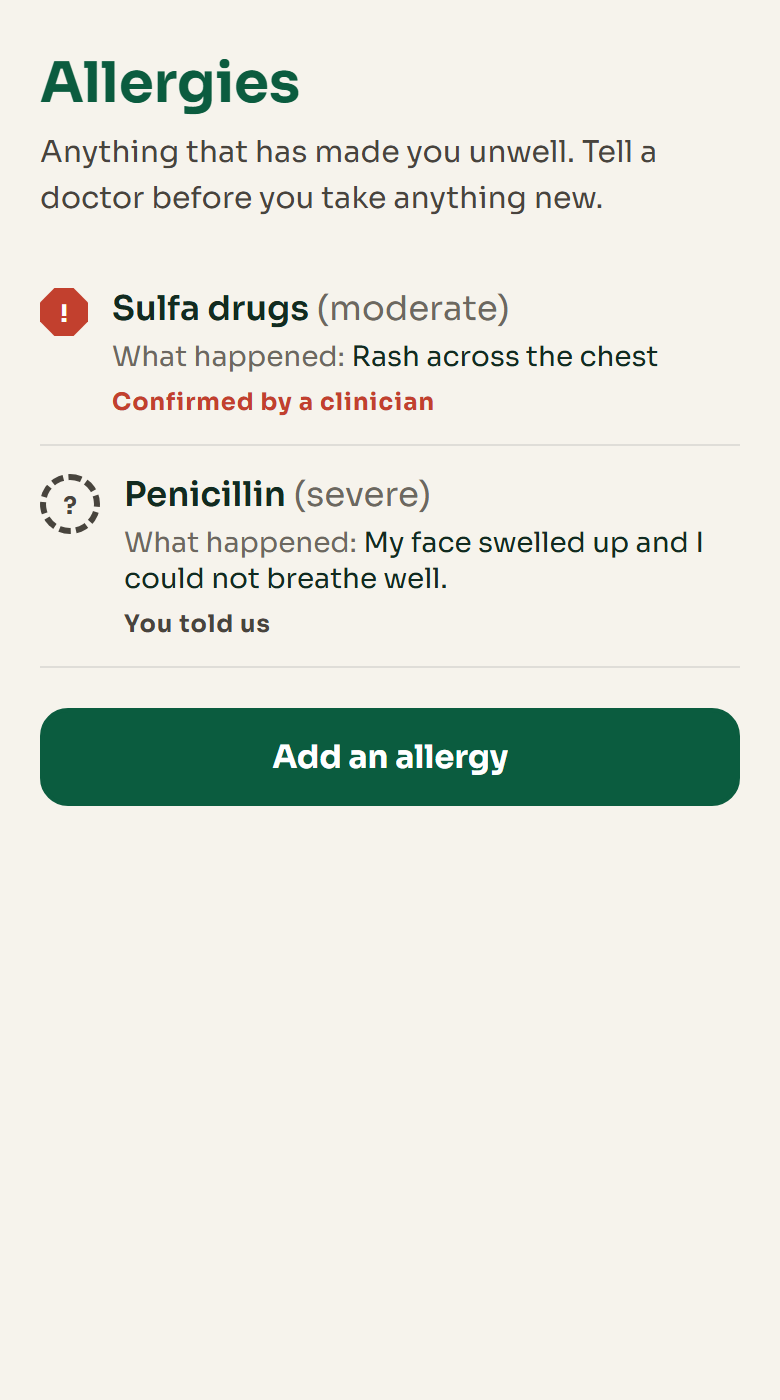 The allergies screen, listing each allergen and how severe the reaction is.