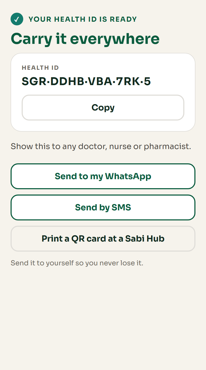 The Health ID screen of the SASRec Health app.
