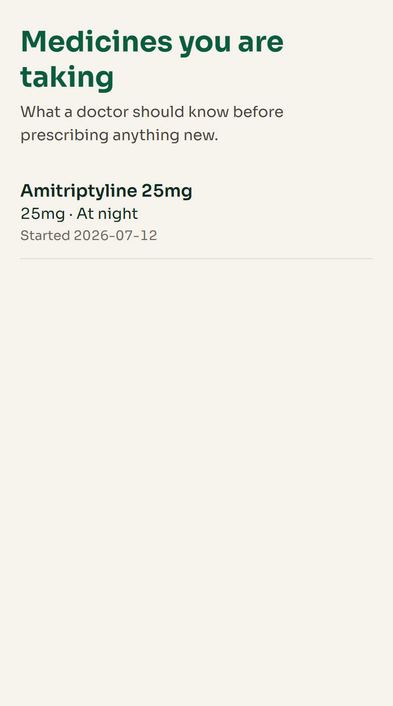 The active medications screen, listing current medicines and who prescribed them.
