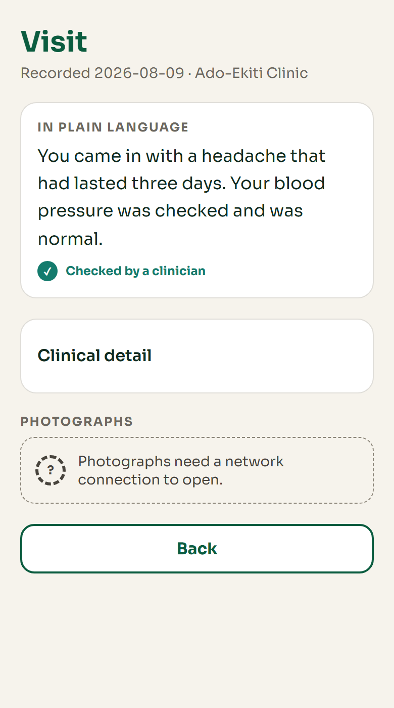 A visit record, showing the plain-language version above the clinical detail.
