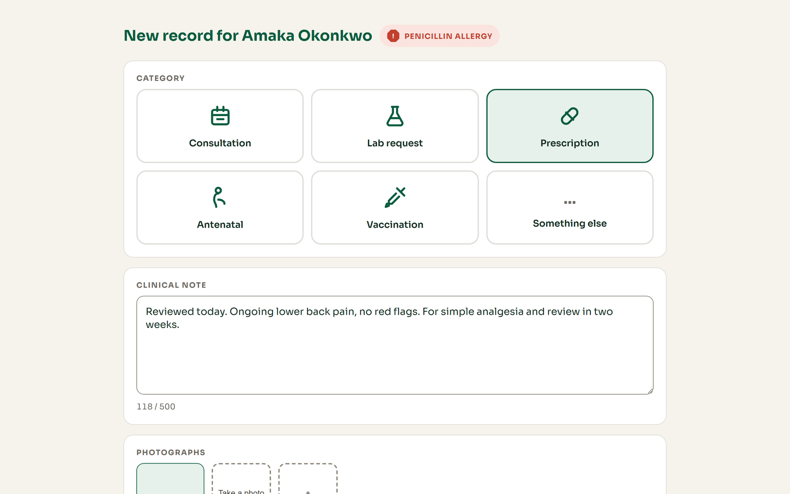 The new record entry screen, with a drug interaction warning showing.